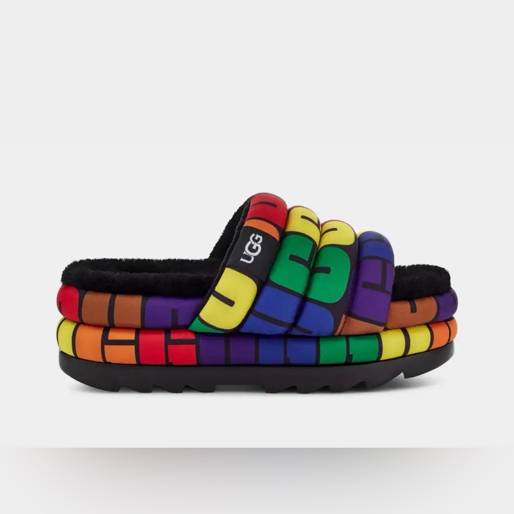 COPY - COPY - UGG MAXI PRIDE SLIDE RAINBOW LOGO SLIP ON PUFF SANDALS US/ 7